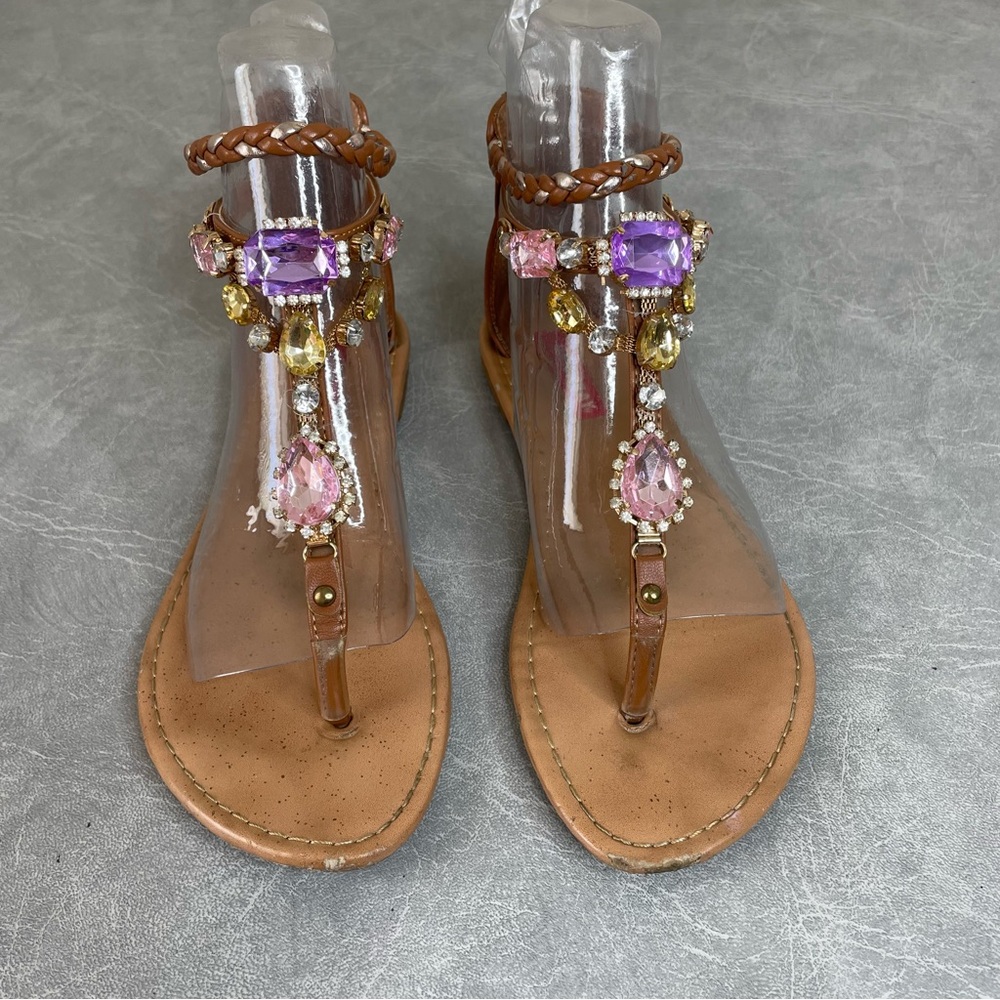UNIONBAY Tan Sandals with Purple and Pink “Jewel”  Accents